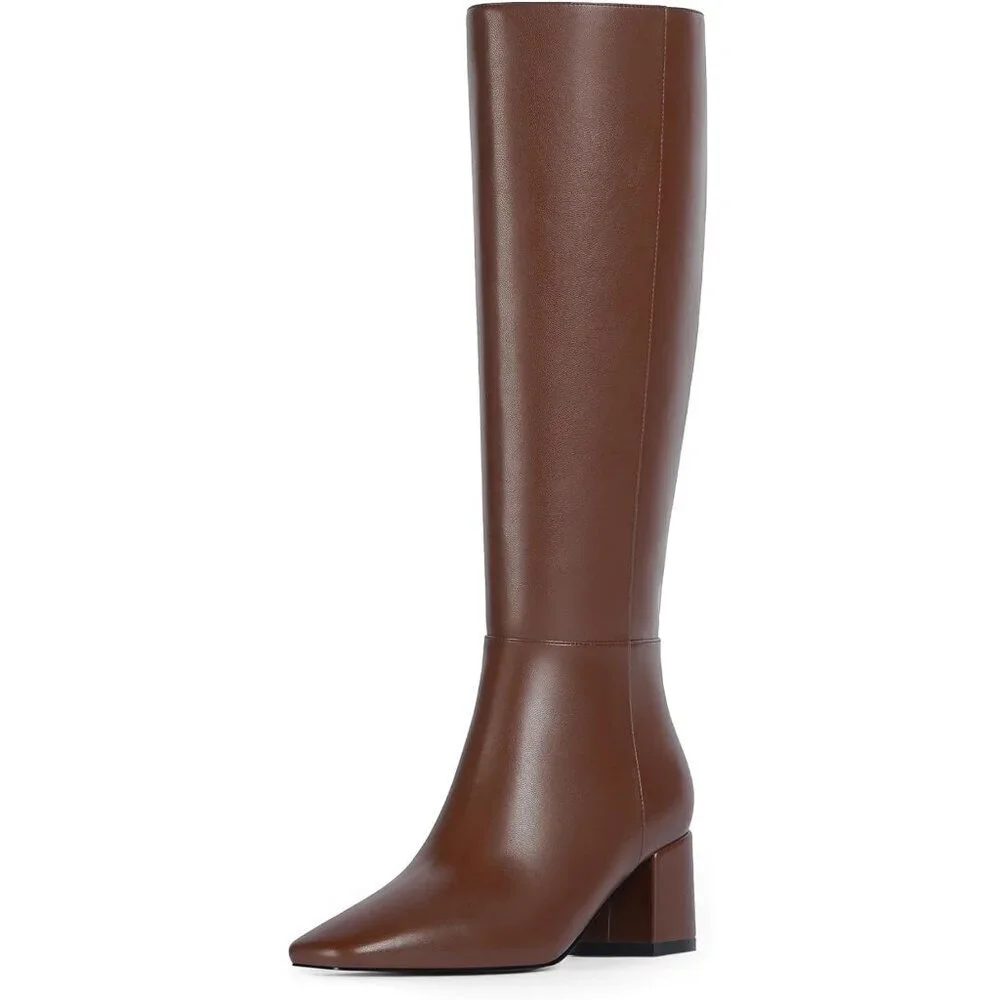 Women's Brown Knee High Boots Square Toe Tall Chunky Heel Rubber